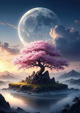 Enchanting Cherry Blossom Island Under a Giant Moon