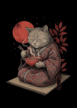 Cat in Kimono Eating Ramen