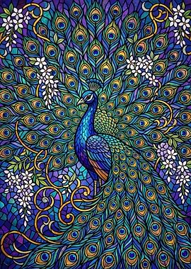 Stained Glass Peacock with Flowers