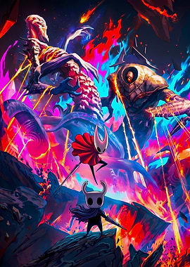 Hollow Knight Characters in Fiery Landscape