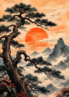 Misty Mountains and Pine Tree at Sunset