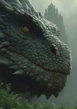 Dragon's Gaze in a Misty Castle Landscape