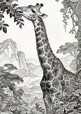 Giraffe Eating Leaves in a Lush Landscape
