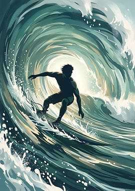 Surfer Riding Massive Ocean Barrel Wave