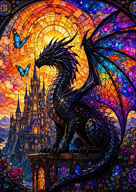 Dragon and Castle Stained Glass