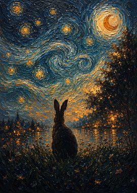 Rabbit Gazing at Starry Night Sky
