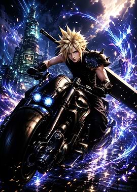 Cloud Strife on Motorcycle in City