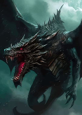 Fierce Black Dragon in Stormy Weather