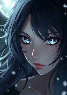 Anime Girl with Blue Eyes Under Moon