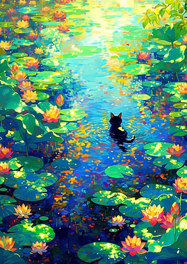 Black Cat in a Lily Pond