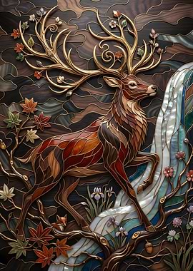 Deer by Waterfall Stained Glass