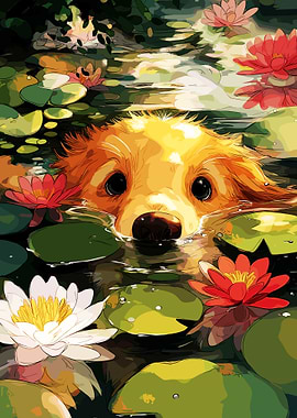 Golden Retriever Puppy in Water Lilies