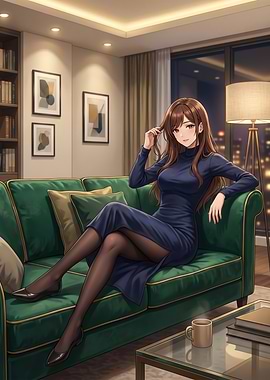 Anime Woman in blue dress on green couch