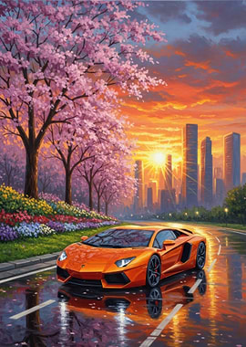 Orange Lamborghini by Cherry Blossoms