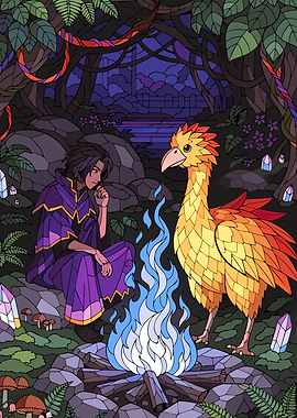 Fantasy scene with wizard and phoenix