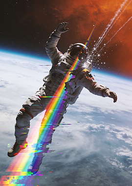 Astronaut Exploding with Rainbow Glitch