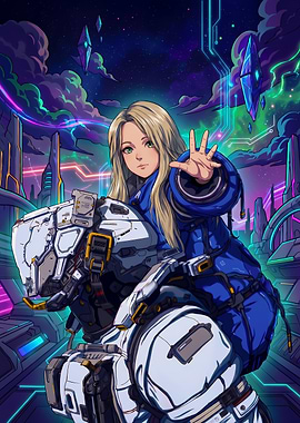 Anime Girl with Robot in Cyberpunk City