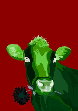 Green Cow Holding Black Flower