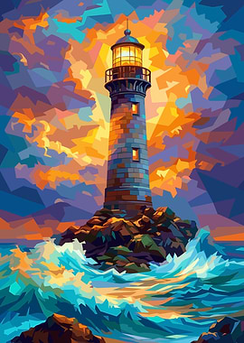 Lighthouse on Rocky Shore at Sunset