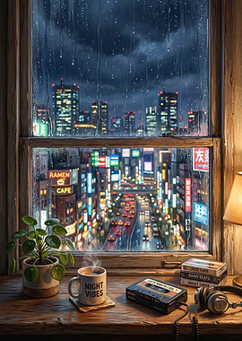 Rainy Night Cityscape with Coffee and Cassette