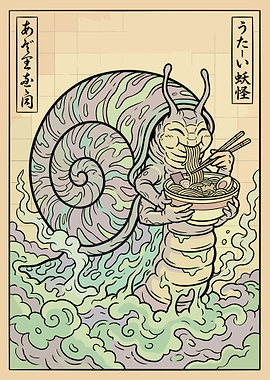 Ukiyo-e Snail Monster Ramen Poster Japanese Fantasy Wall Art Print