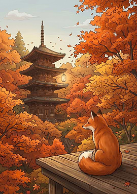 Fox in Autumn Temple