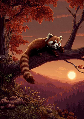 Red Panda Resting on a Tree Branch at Sunset