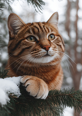 Tabby Cat in Snowy Pine Tree