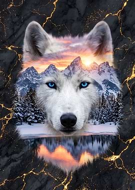 Wolf with Mountain Landscape Overlay