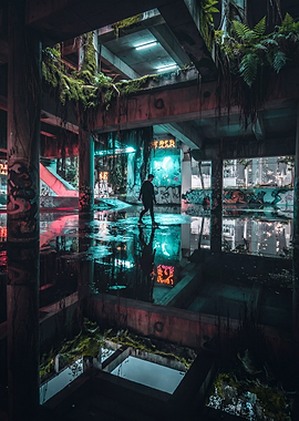 Urban decay with neon reflections