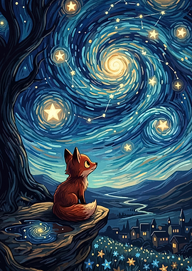 Fox Gazing at Starry Night Sky