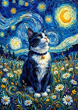 Tuxedo Cat with Golden Bell Collar in Starry Night Field