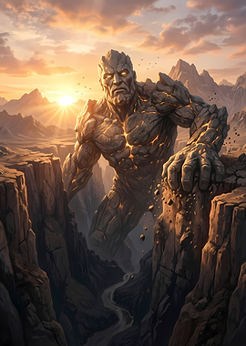 Giant Stone Golem in Canyon at Sunset