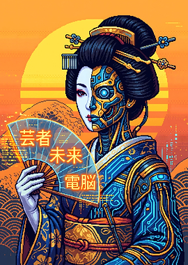 Cyberpunk Geisha with Futuristic Fan