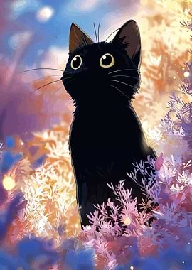 Black Cat in Magical Garden
