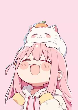 Cute Anime Girl with Cat on Head