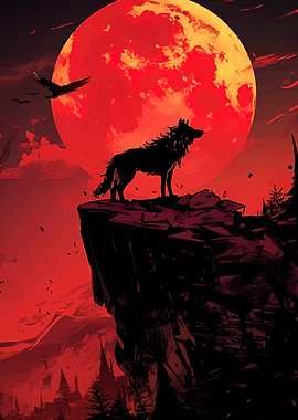 Wolf howling at a blood moon