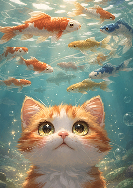 Cute Cat Watching Koi Fish