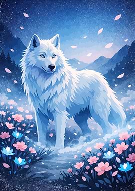 White Wolf in a Floral Landscape