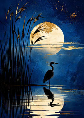 Golden Noon Serenity: Japanese Style Heron Art