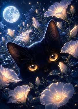 Black Cat in Moonlit Flowers