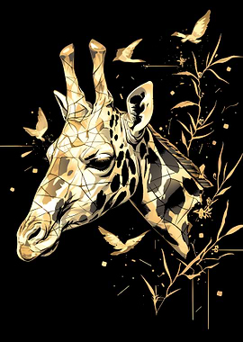 Stylized Giraffe with Birds and Plants