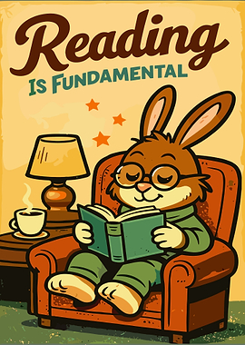 Cute Reading Bunny Illustration Cozy Book Lover Wall Art Poster Reading Is Fundamental
