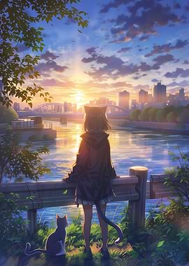 Anime Catgirl and Cat Watching Sunset Over City