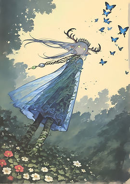 Anime Forest Spirit with Butterflies