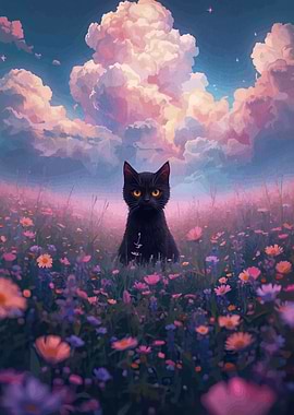 Black Cat in a Field of Flowers