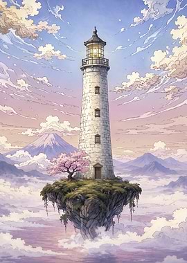 Floating Island Lighthouse with Cherry Blossom and Mount Fuji