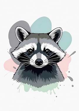 Cute Raccoon Portrait with Watercolor Splashes