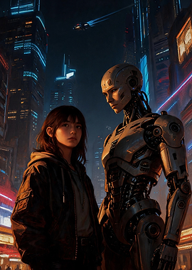 Girl and Robot in Cyberpunk City
