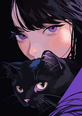 Anime Girl with Black Cat